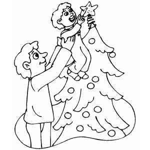 Small Boy Putting Star On Tree coloring page