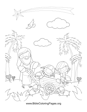 Jesus Children Wheelbarrow Vertical coloring page