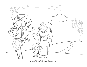 Jesus and Birdhouse coloring page